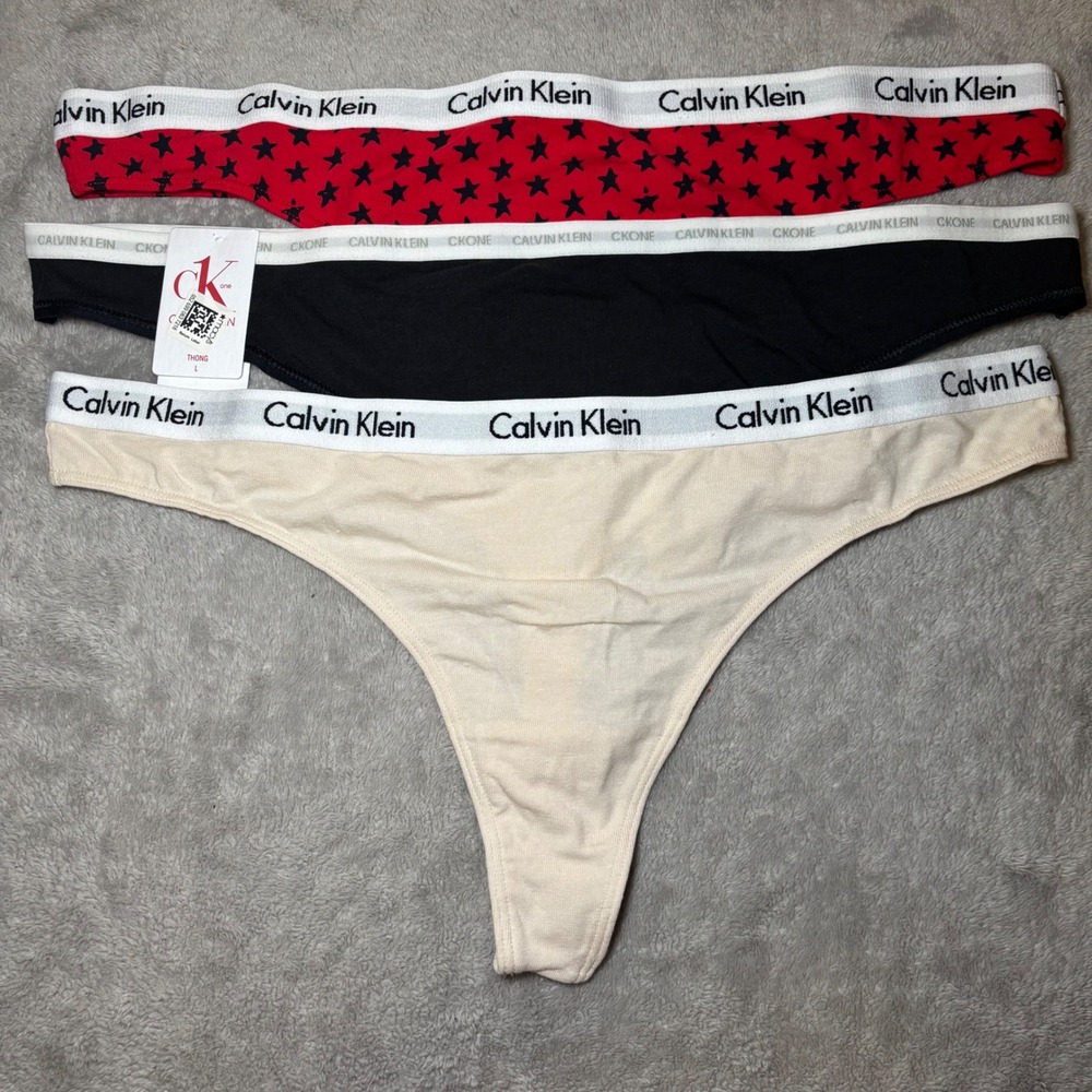 Calvin Klein CK One Thong Underwear 3 Pack Red Star Black Beige Womens Large NEW